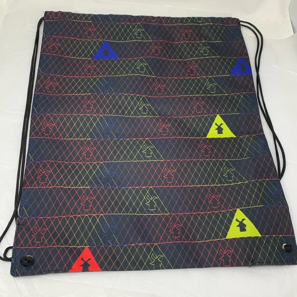 Dutch Bros Drawstring Backpack Windmill Pattern Cinch Sack Bag Black Lightweight